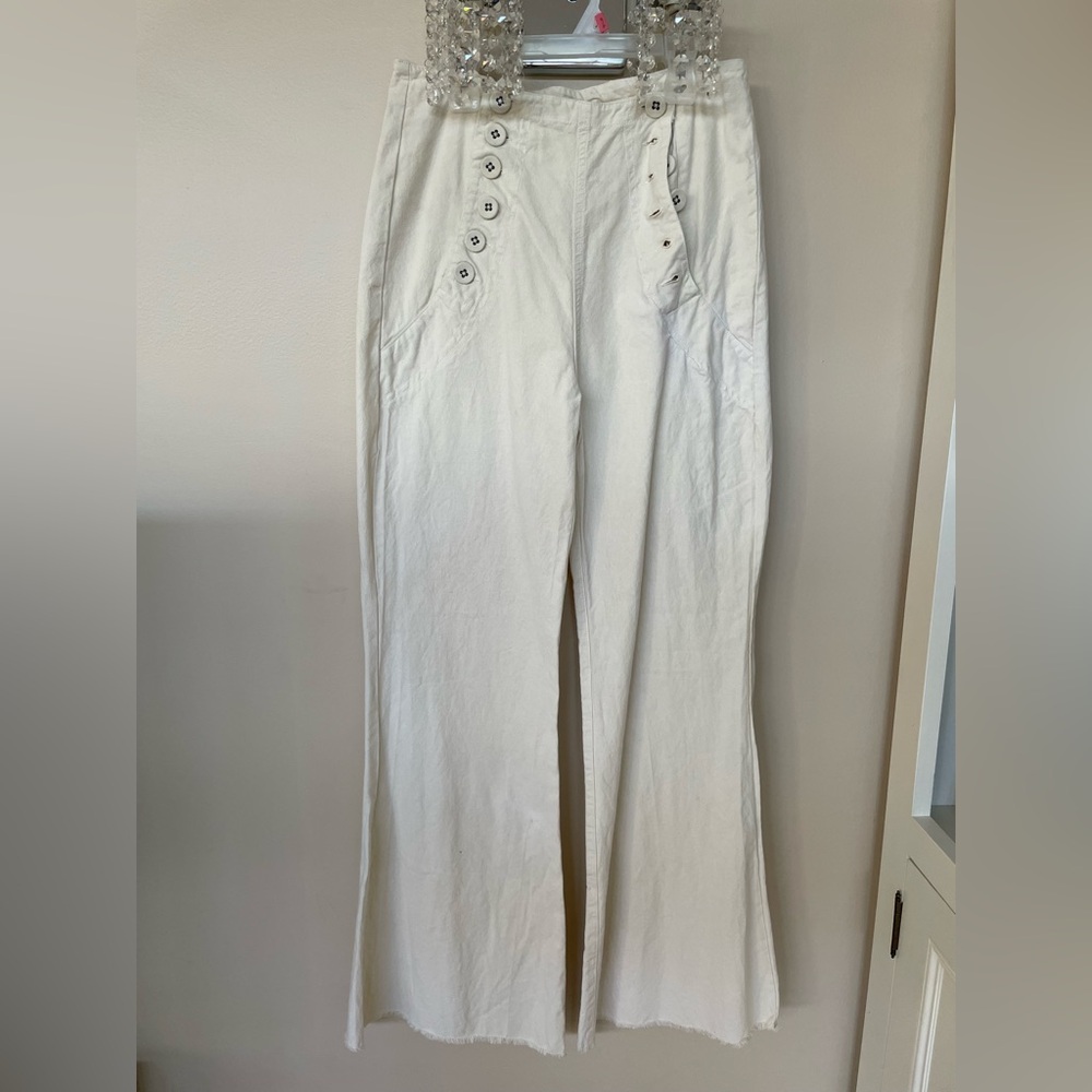 Free People Cream High-Waist Wide-Leg Button Detail Pants